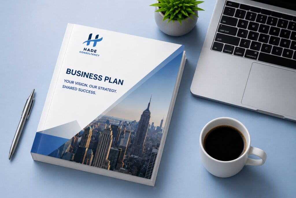 Hade Consultancy business plan document on a desk